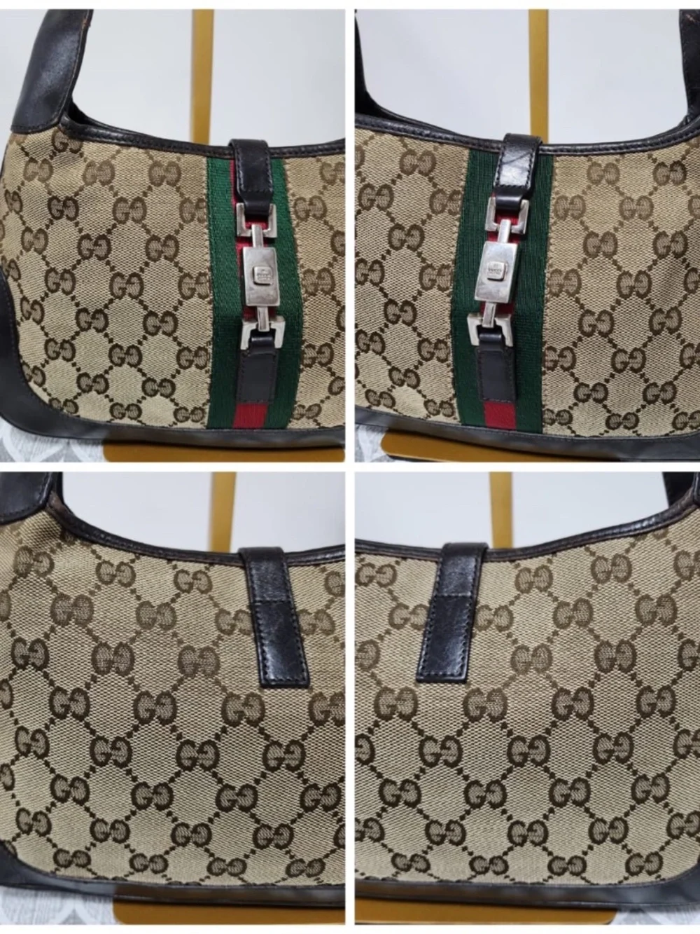 Authentic GUCCI GG Canvas Web Jackie O Bouvier Hobo Bag Brown/Beige